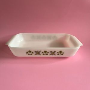 Fire King 432 Meadow Green 1 1/2 Quart Baking Pan Anchor Hocking - green flowers